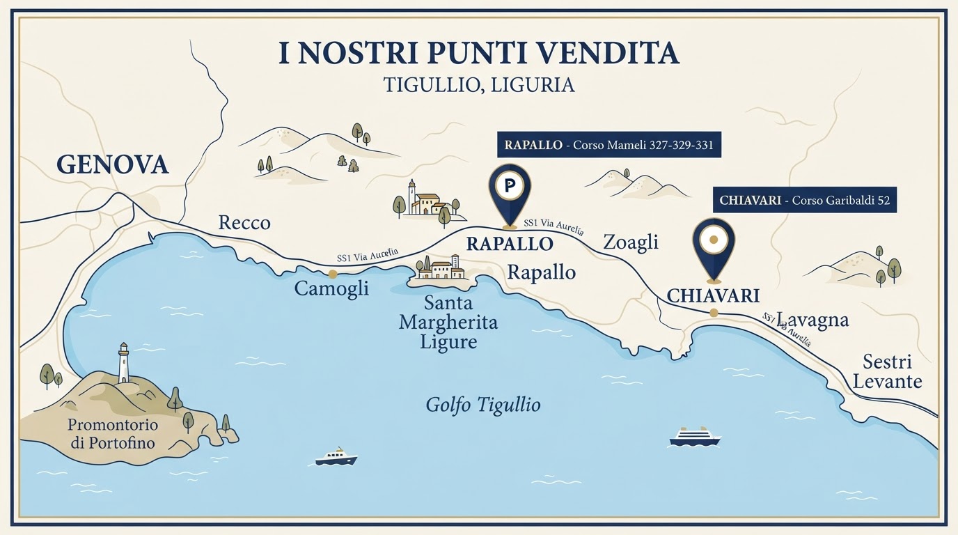 Mappa illustrativa del Tigullio con punti vendita Rapallo e Chiavari